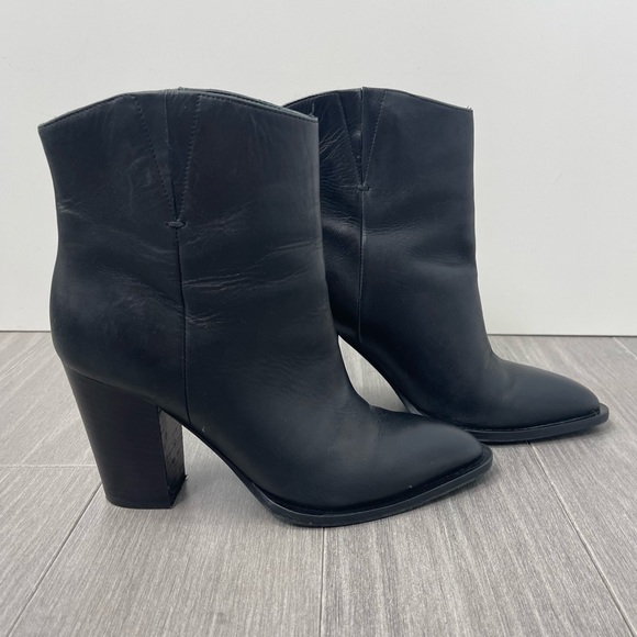 VINCE Erving Western Ankle Bootie Black Leather Stacked Heel Pointed Toe Boots 6 - Picture 4 of 16